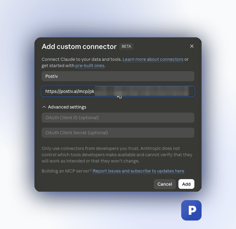claude.ai Add custom connector dialog with the Postiv URL pasted