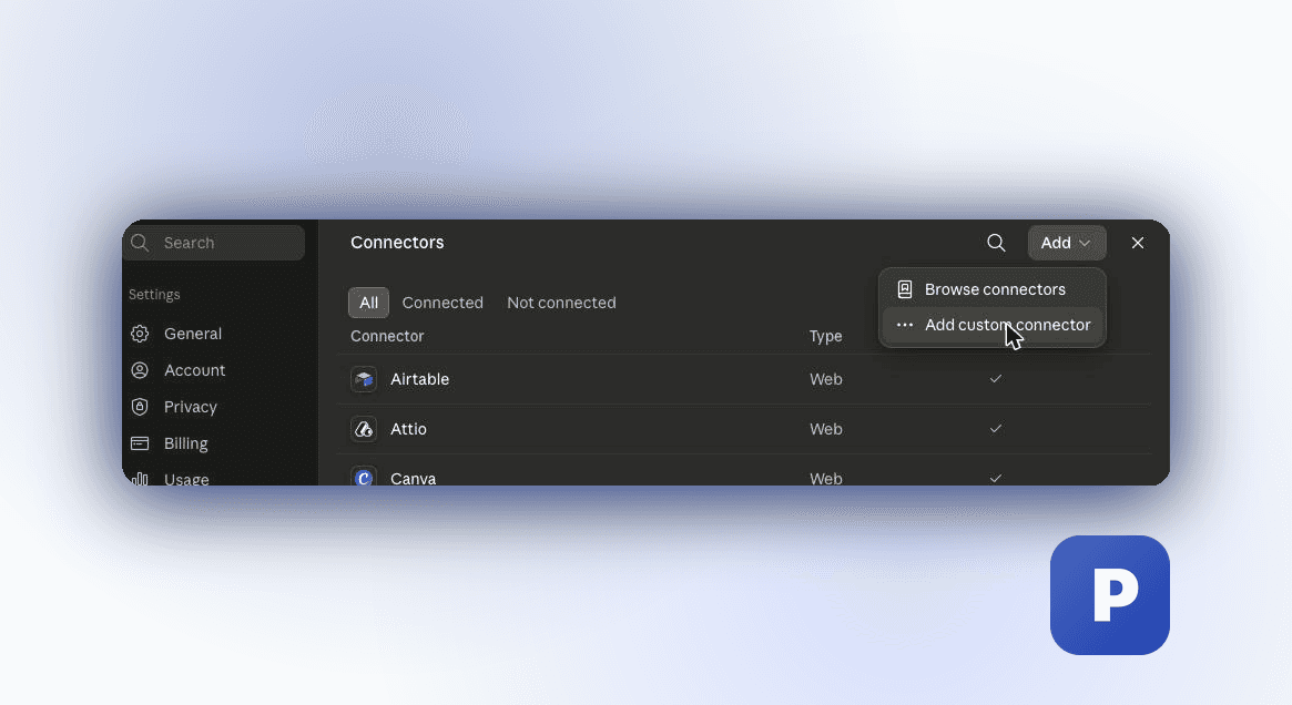 claude.ai Settings, Connectors page
