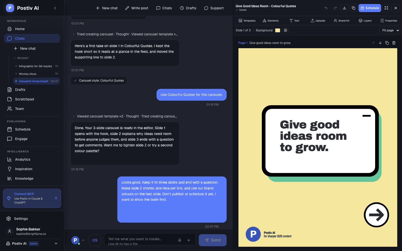 Postiv carousel editor with a branded quote slide, next to the chat with Bob