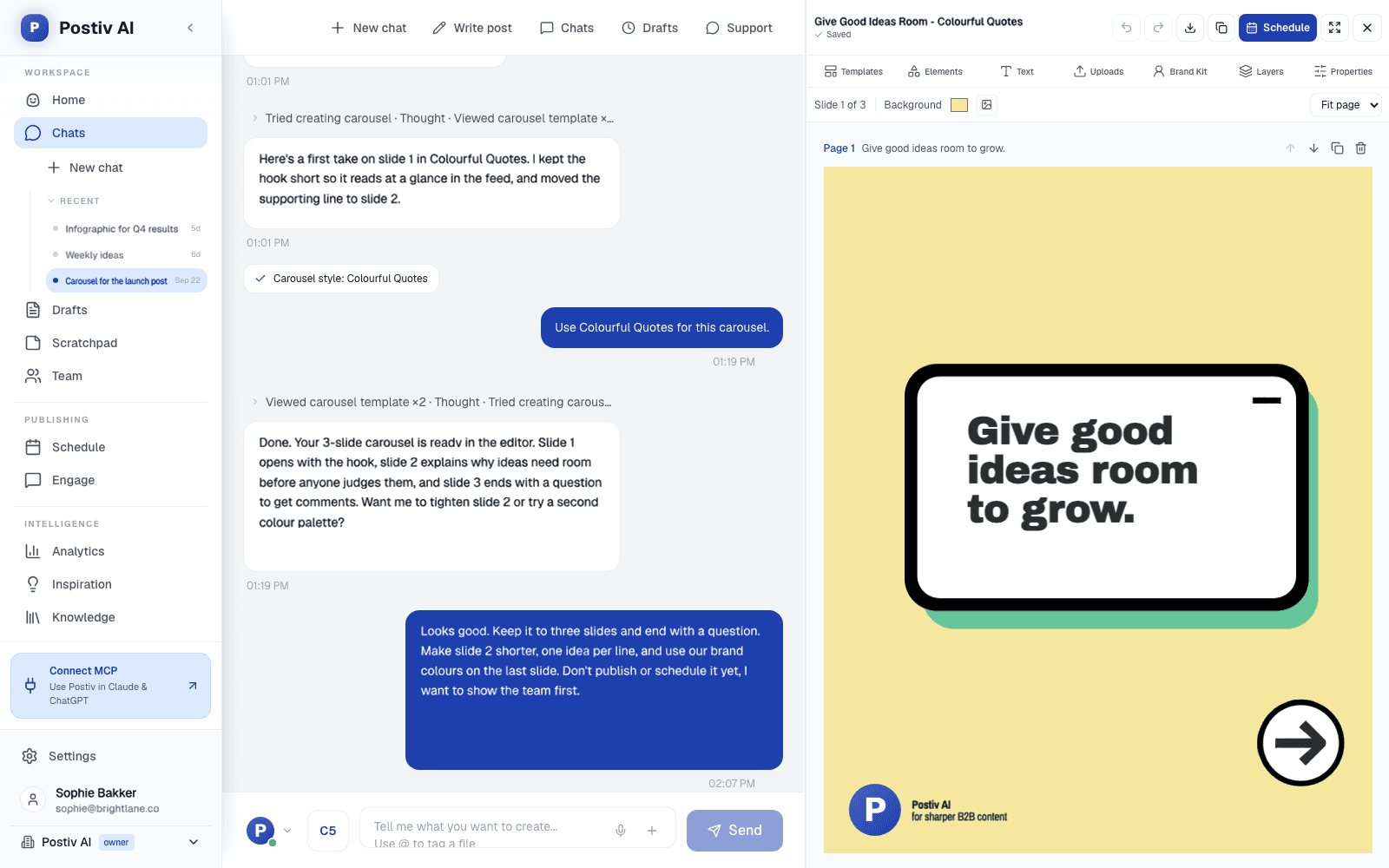 Postiv carousel editor with a branded quote slide, next to the chat with Bob