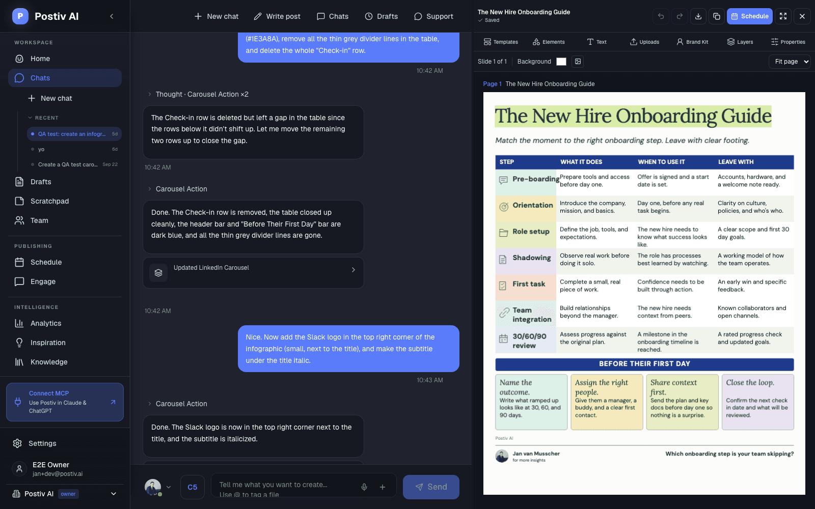 Postiv infographic editor showing a New Hire Onboarding Guide infographic next to the chat where it was edited by asking