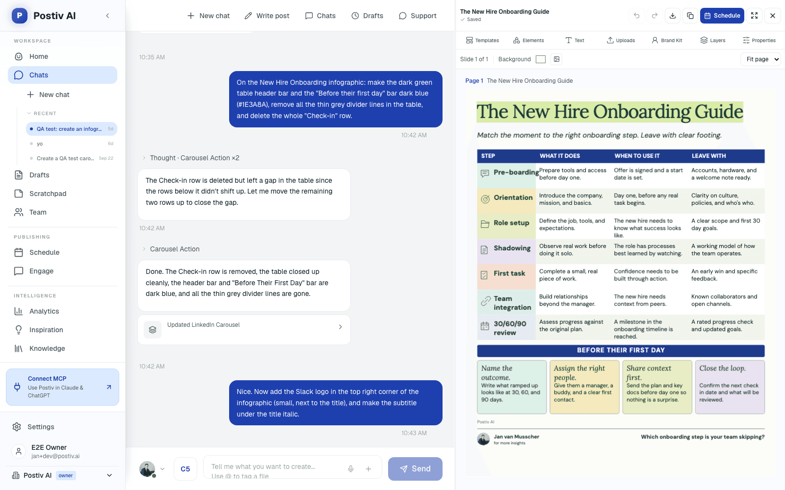 Postiv infographic editor showing a New Hire Onboarding Guide infographic next to the chat where it was edited by asking