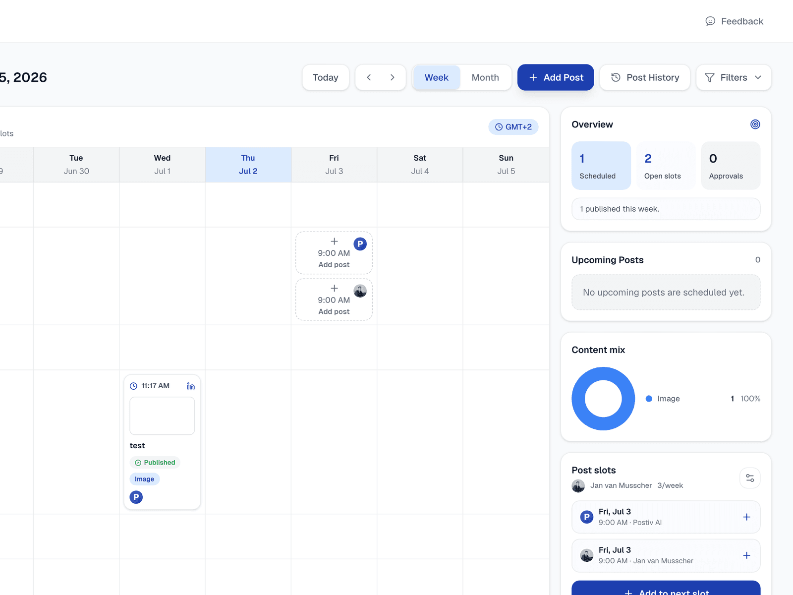 Postiv AI weekly scheduling calendar with real posts queued at the best times