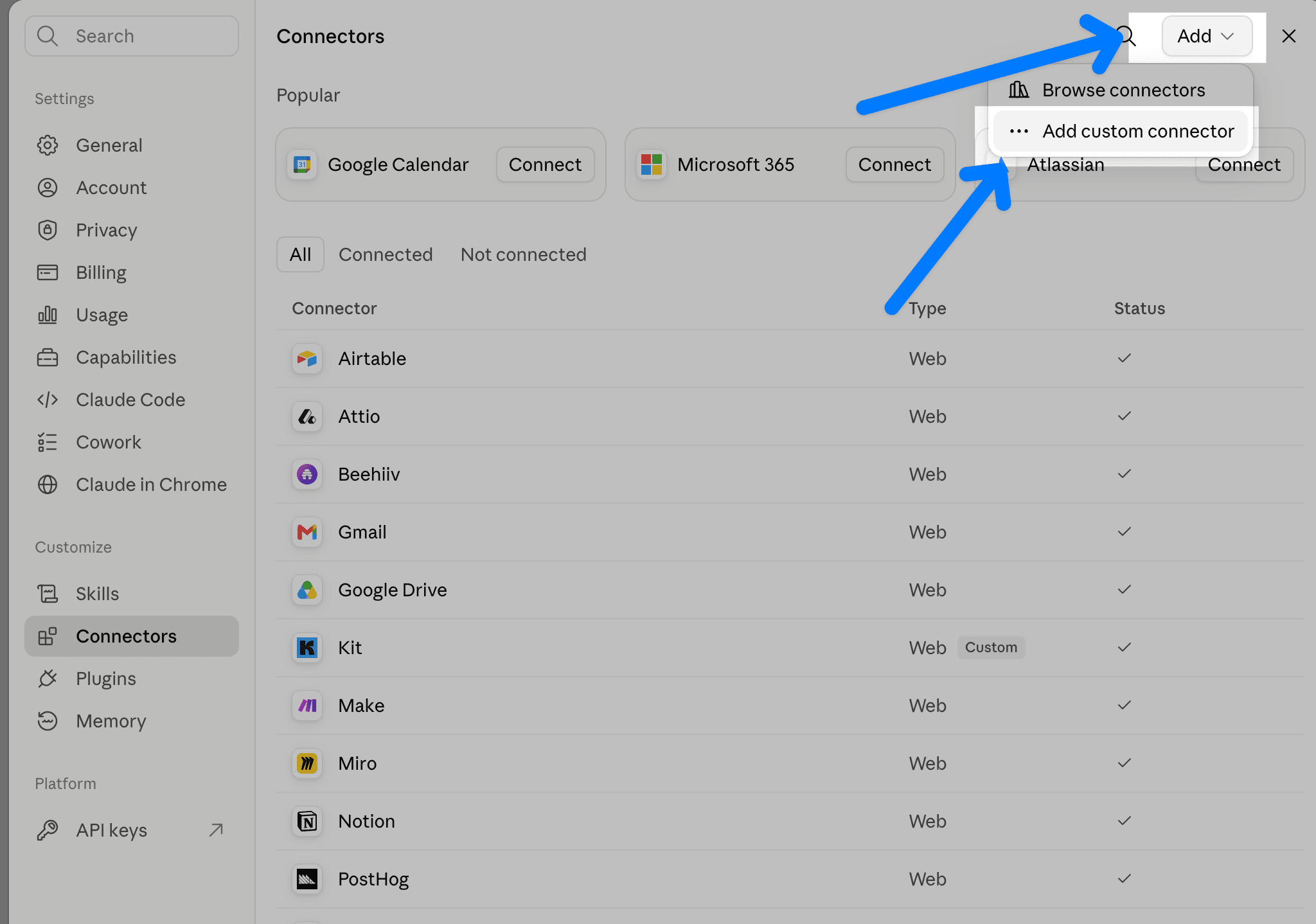 The Claude connectors page with the Add menu open on Add custom connector