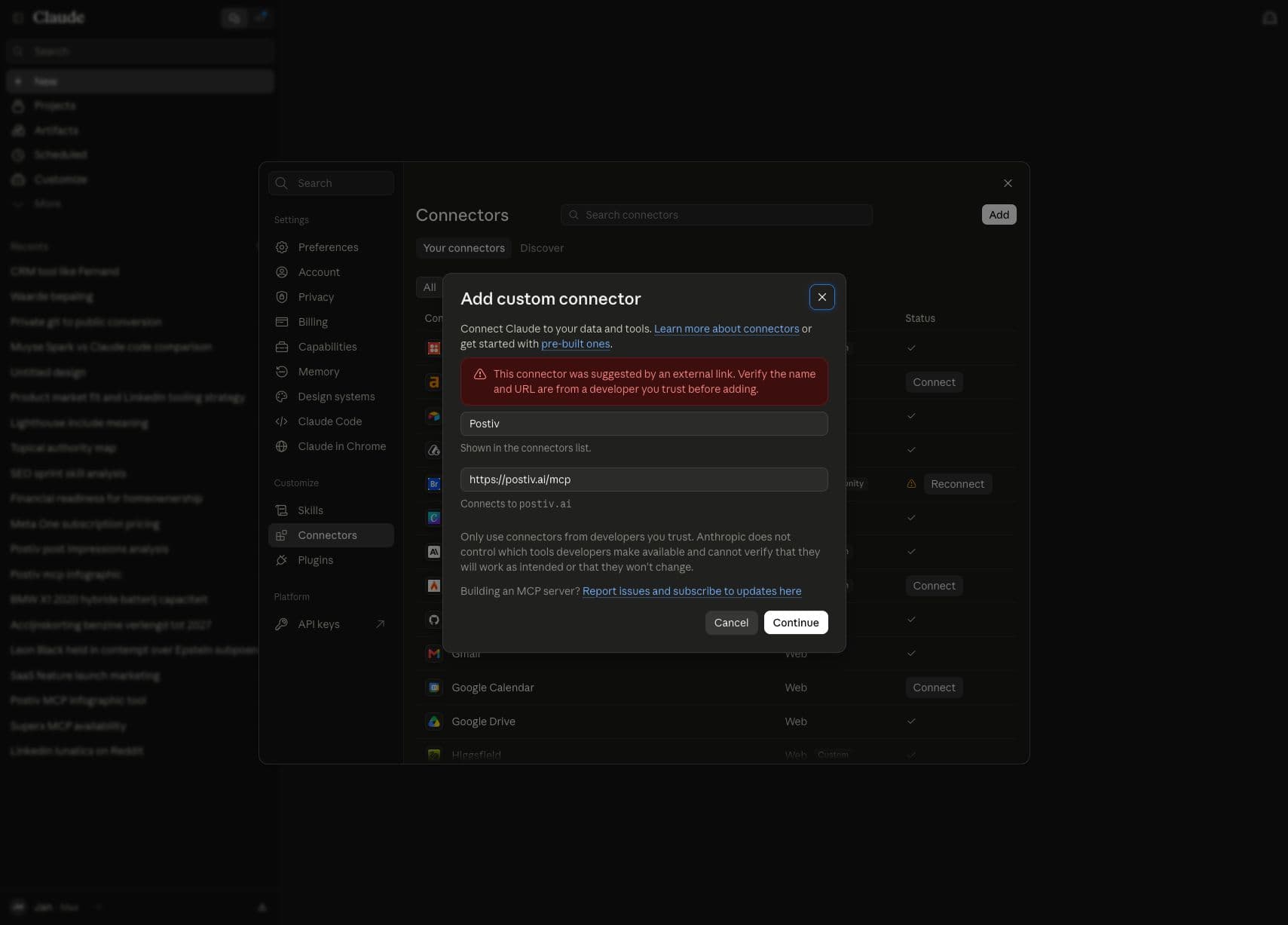 Claude with the Add custom connector dialog prefilled with Postiv and https://postiv.ai/mcp