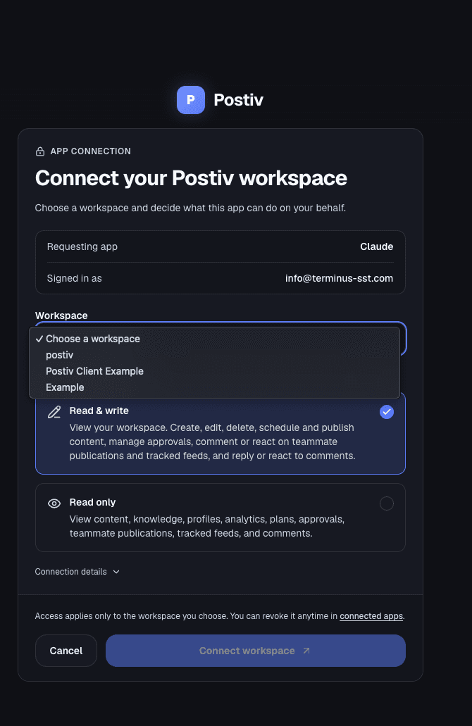 Postiv consent screen showing Claude as the requesting app, the workspace picker, and Read & write or Read only permissions