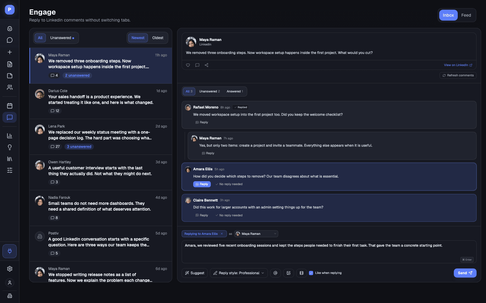 Postiv Engage inbox with a list of LinkedIn posts, their comment counts, and Inbox and Feed tabs