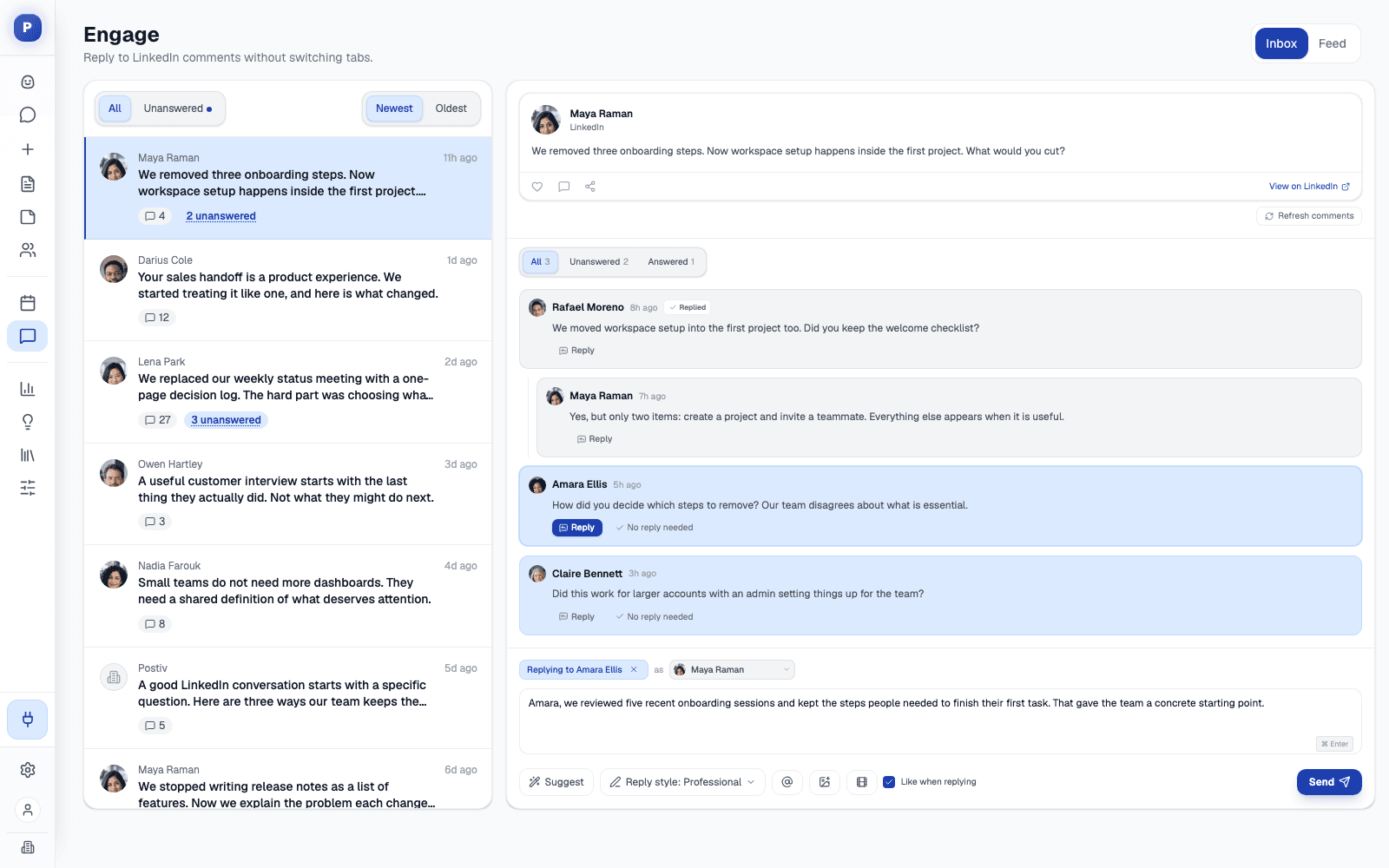Postiv Engage inbox with a list of LinkedIn posts, their comment counts, and Inbox and Feed tabs