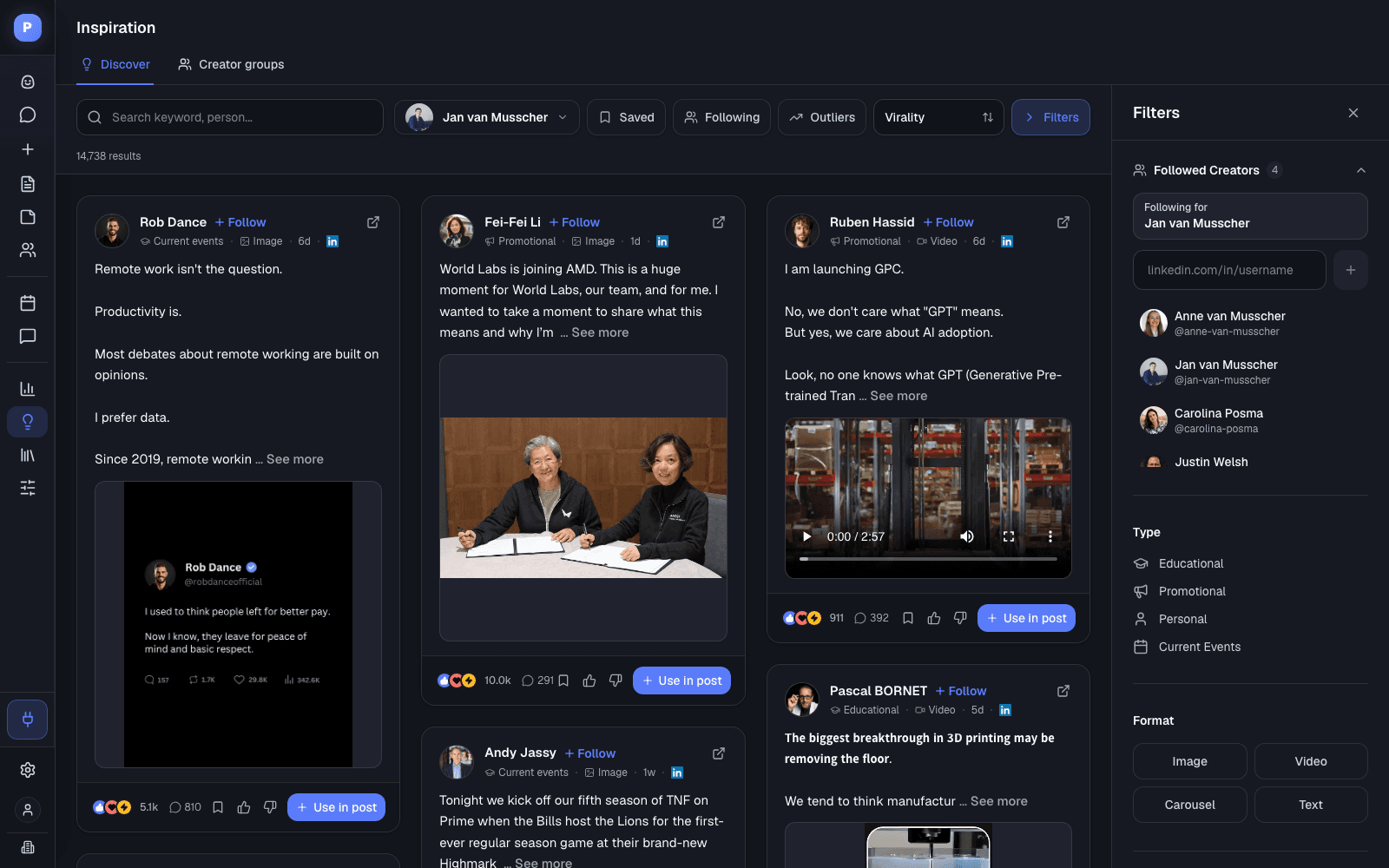 Postiv inspiration feed: LinkedIn posts with reaction and comment counts, type labels, filters for followed creators, type and format, and a Use in post button on every card