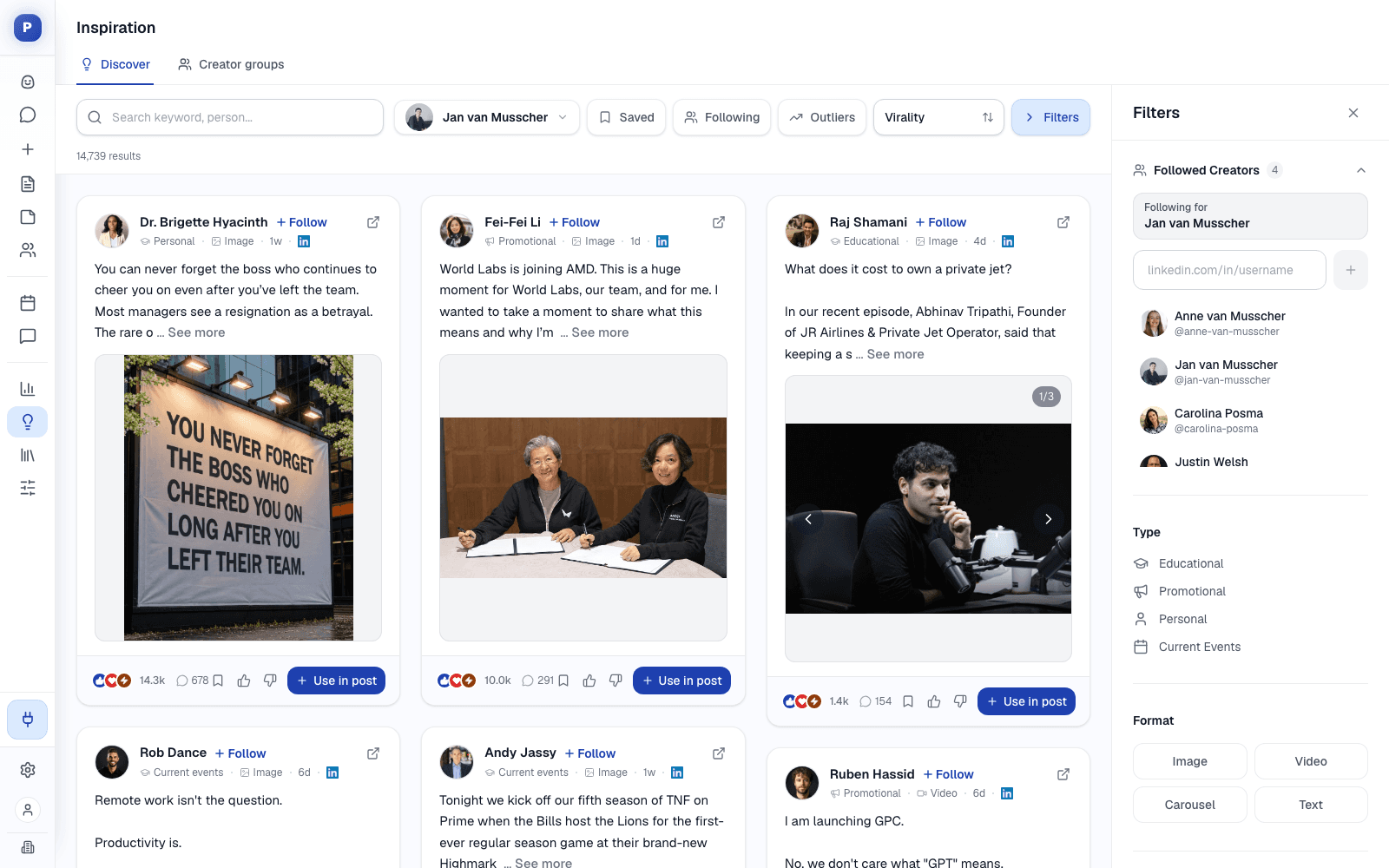 Postiv inspiration feed: LinkedIn posts with reaction and comment counts, type labels, filters for followed creators, type and format, and a Use in post button on every card