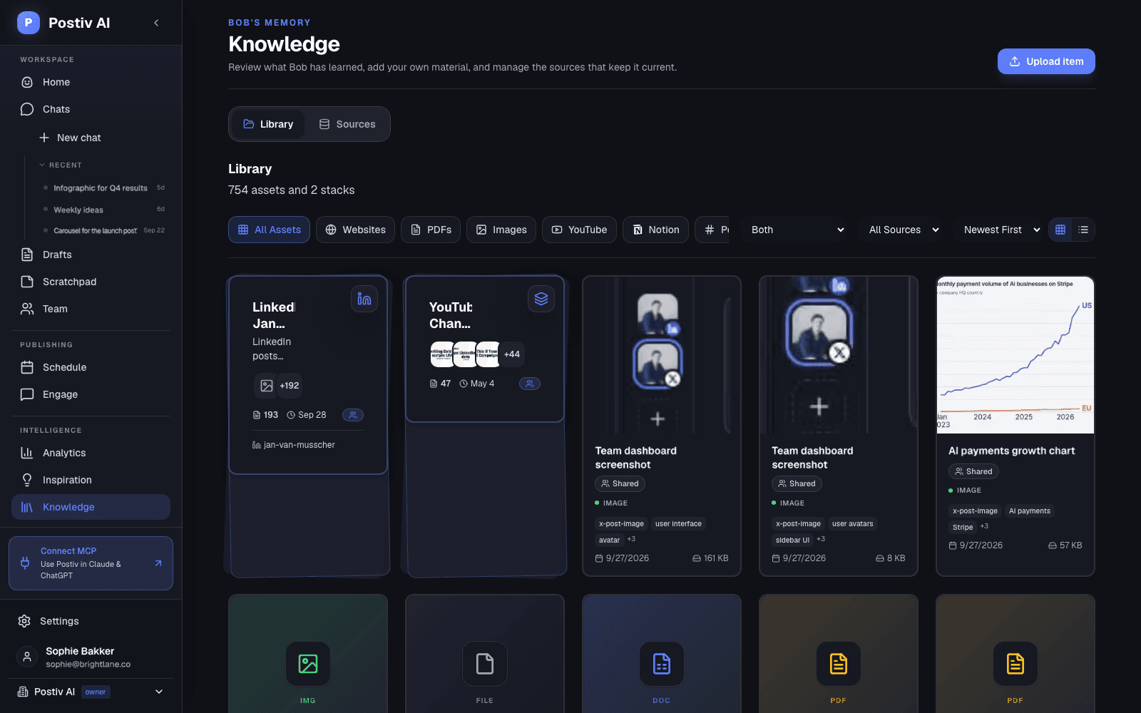 Postiv asset library with filters for websites, PDFs, images, YouTube and Notion, showing a LinkedIn post collection and a YouTube channel source