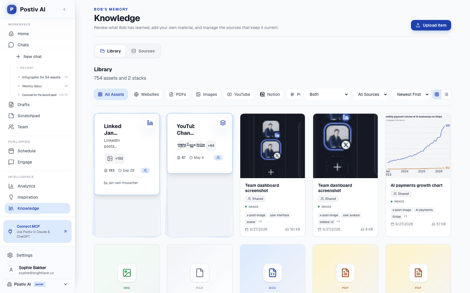 Postiv asset library with filters for websites, PDFs, images, YouTube and Notion, showing a LinkedIn post collection and a YouTube channel source