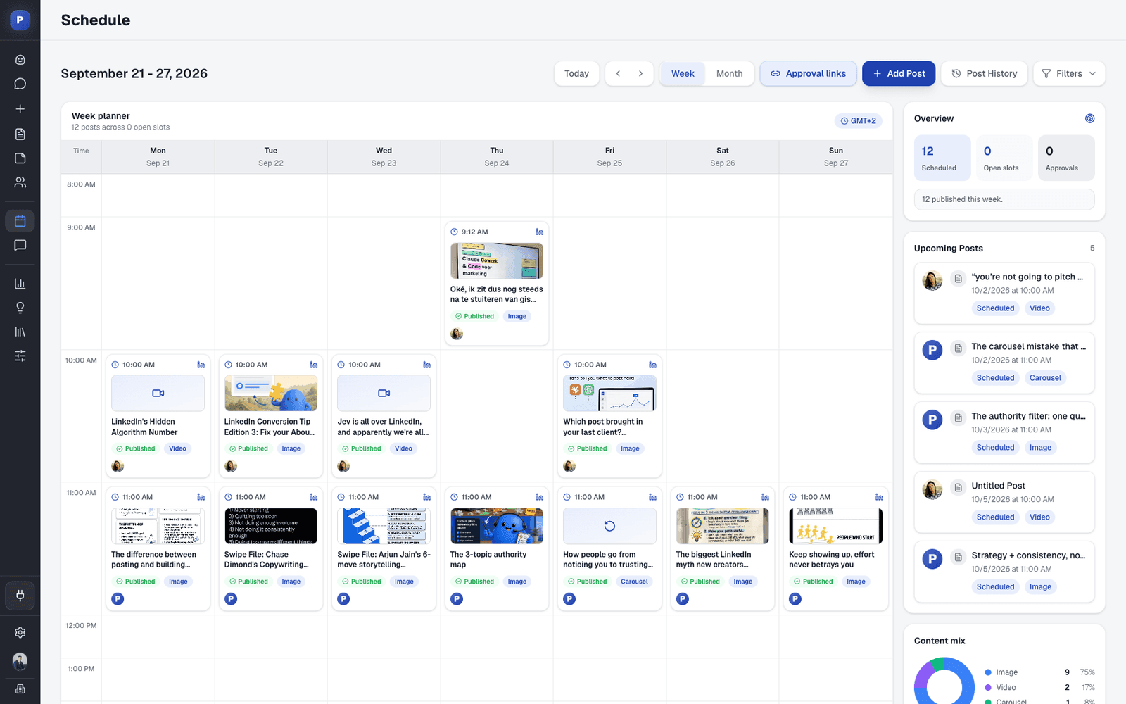 Postiv content calendar in week view with LinkedIn posting slots per profile