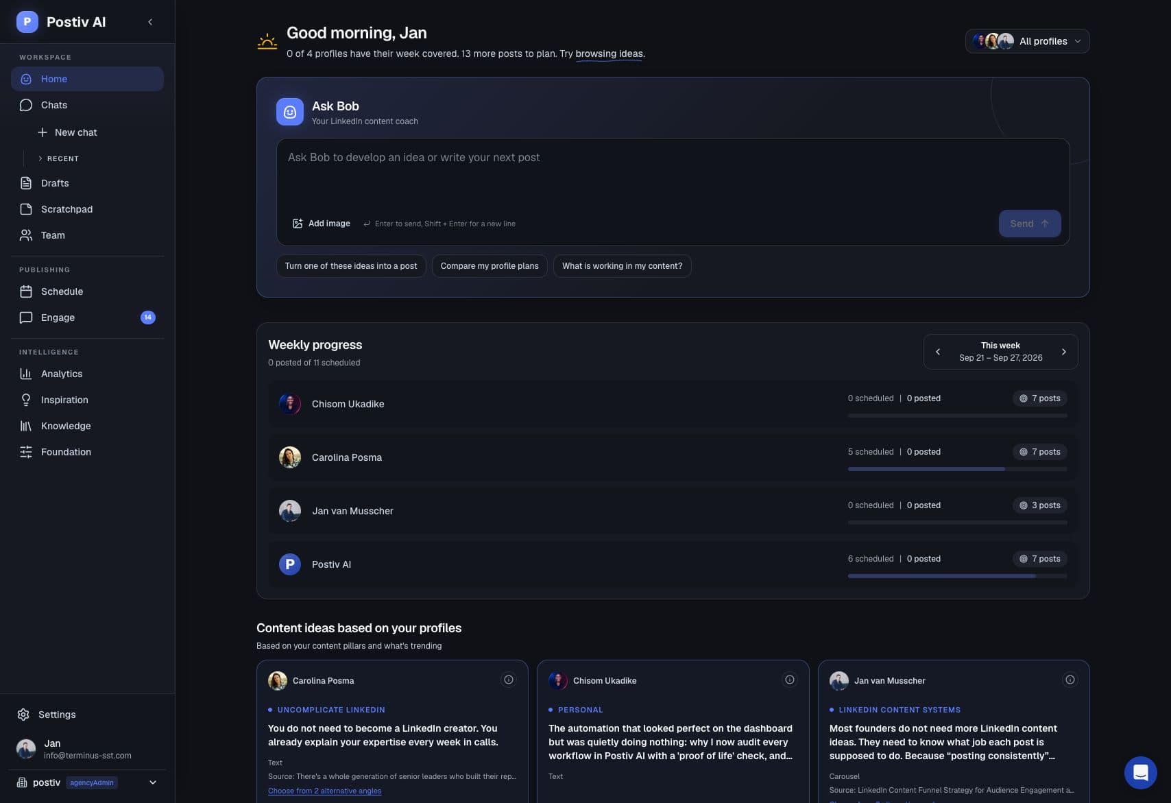 The Postiv home screen in dark mode: Ask Bob, weekly posting progress per profile, and content ideas