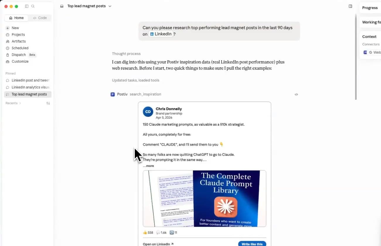 Claude researching top-performing LinkedIn posts through the Postiv MCP server