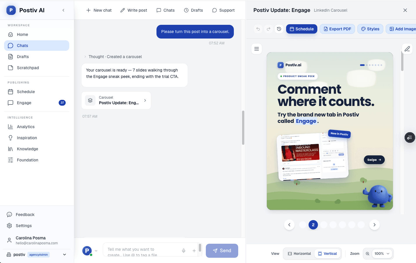 Postiv AI carousel generator: chat on the left, a real generated LinkedIn carousel slide on the right