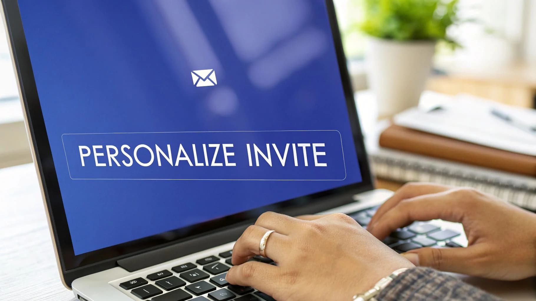 Hands typing on a laptop, showing 'PERSONALIZE INVITE' and an email icon on the screen.