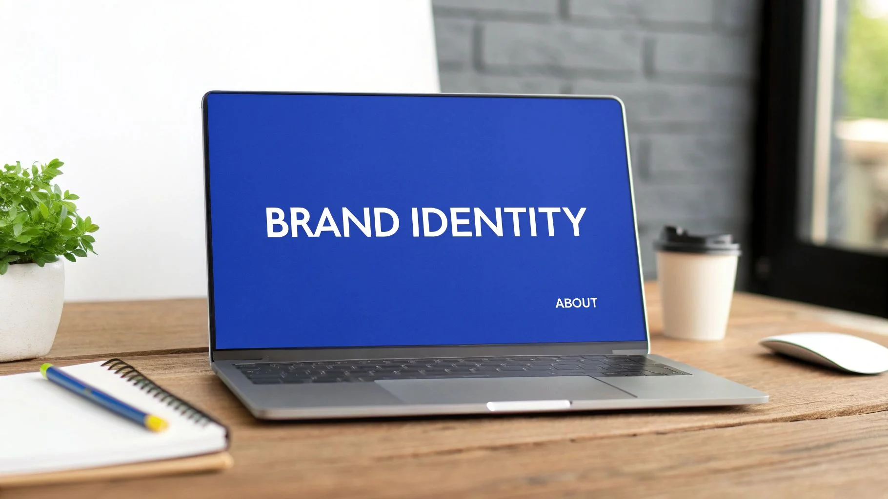 Een laptop met 'BRAND IDENTITY' op het blauwe scherm, op een houten bureau met een plant en koffie.