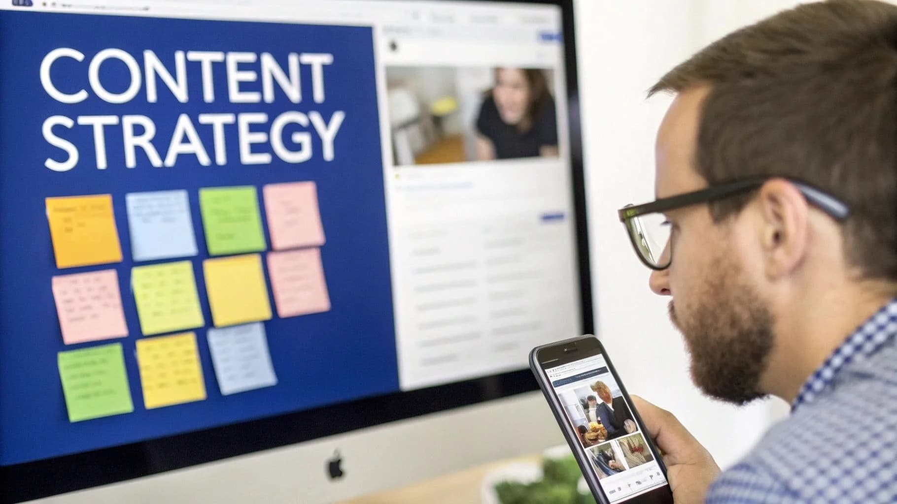 Een man met bril gebruikt een smartphone, bekijkt content terwijl een monitor 'Content Strategy' visuals toont.