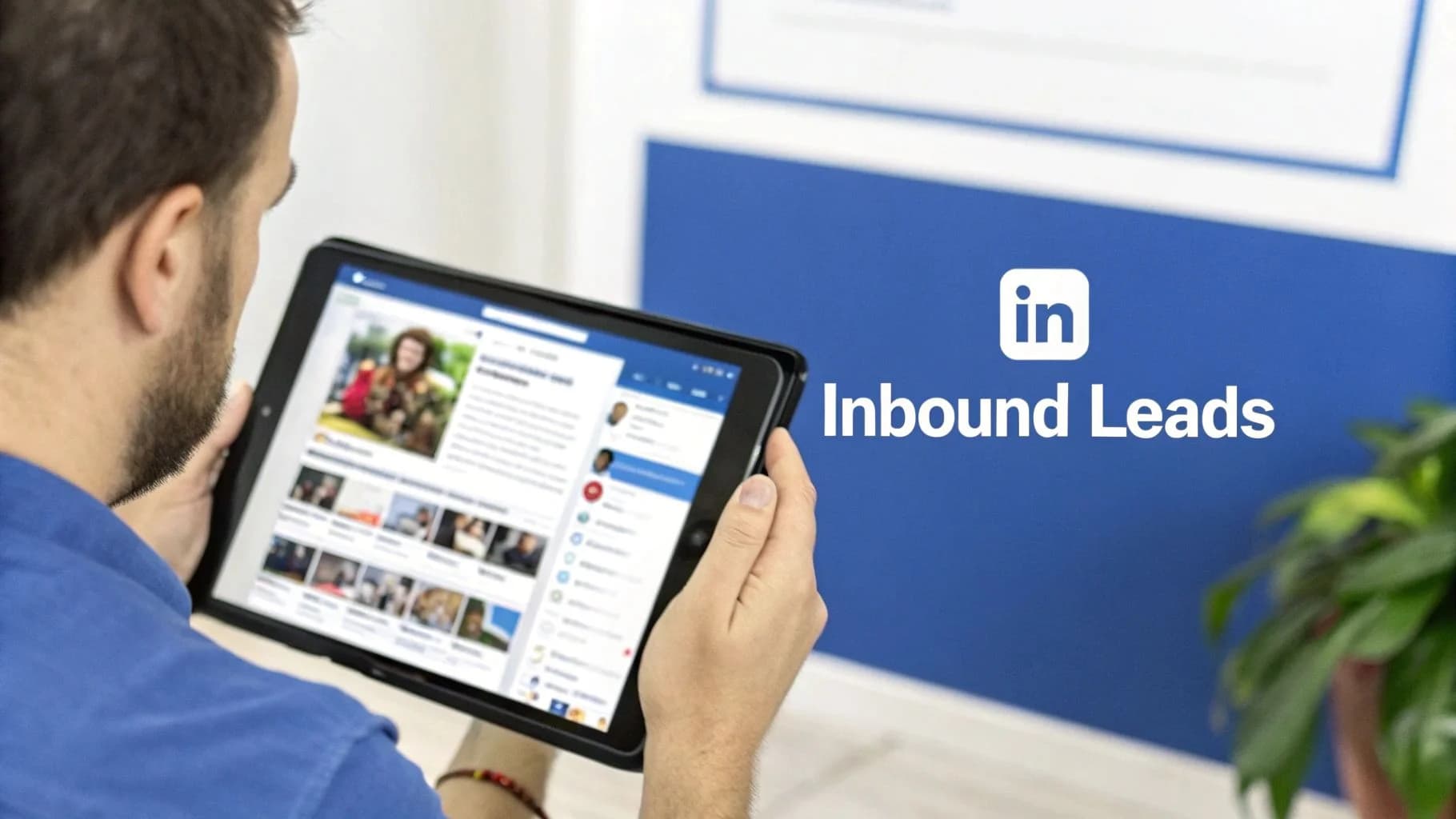 Man viewing a social media feed on a tablet, with a LinkedIn 'Inbound Leads' sign on a blue wall in the background.
