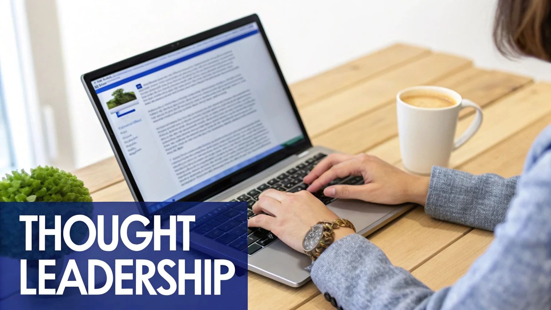 Een persoon typt op een laptop aan een houten bureau met een koffiemok, demonstreert thought leadership.