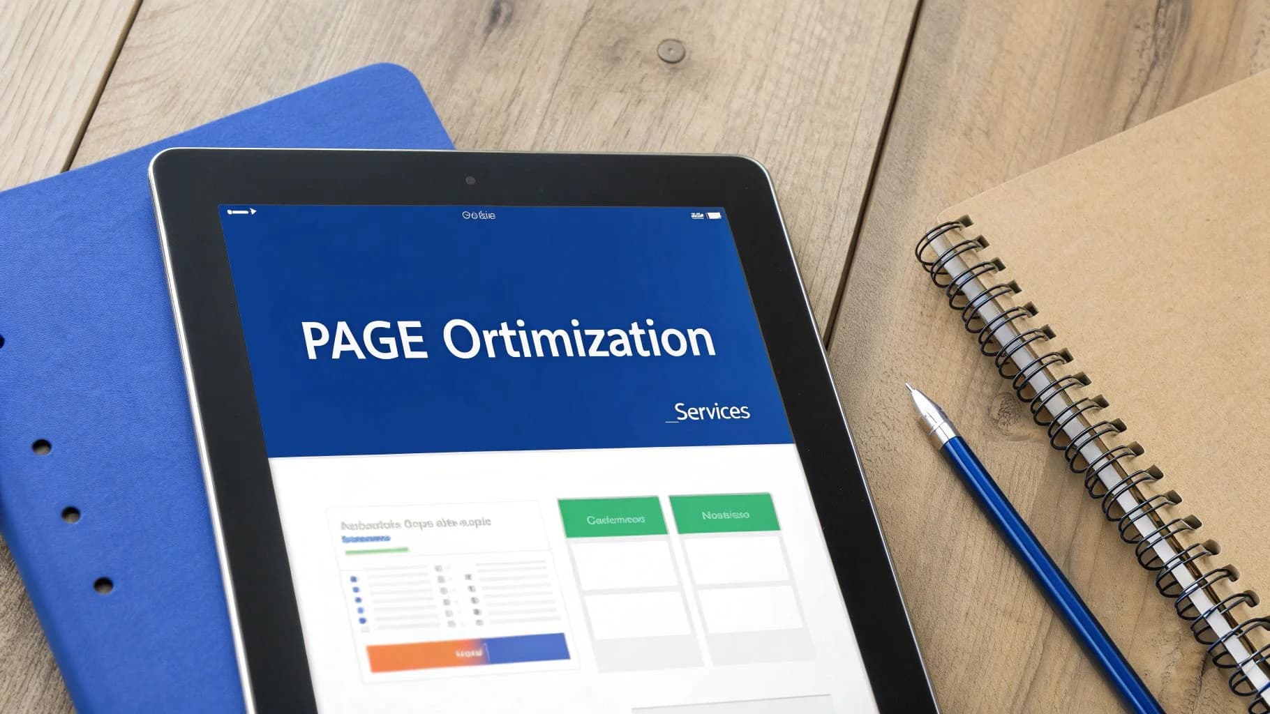 Tablet met 'PAGE Optimization' op een blauw scherm, naast een notitieboek en pen op een houten bureau.