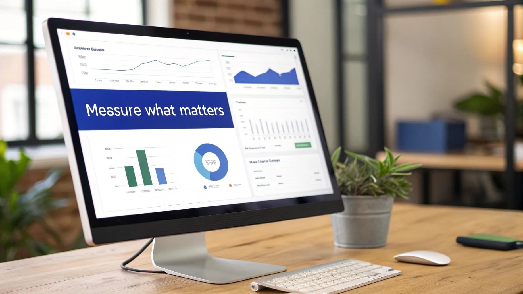 Moderne desktopcomputer met business analytics dashboard met grafieken en tekst op een houten bureau.