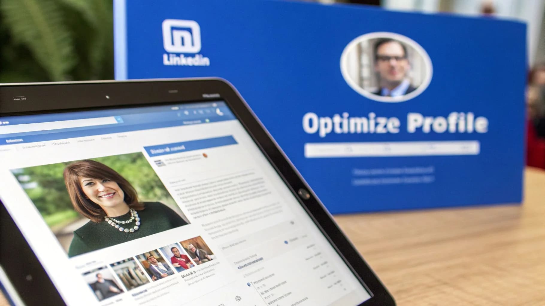 Een digitale tablet die een LinkedIn-profiel toont met een glimlachende vrouw, naast een blauw bord dat profieloptimalisatie promoot.