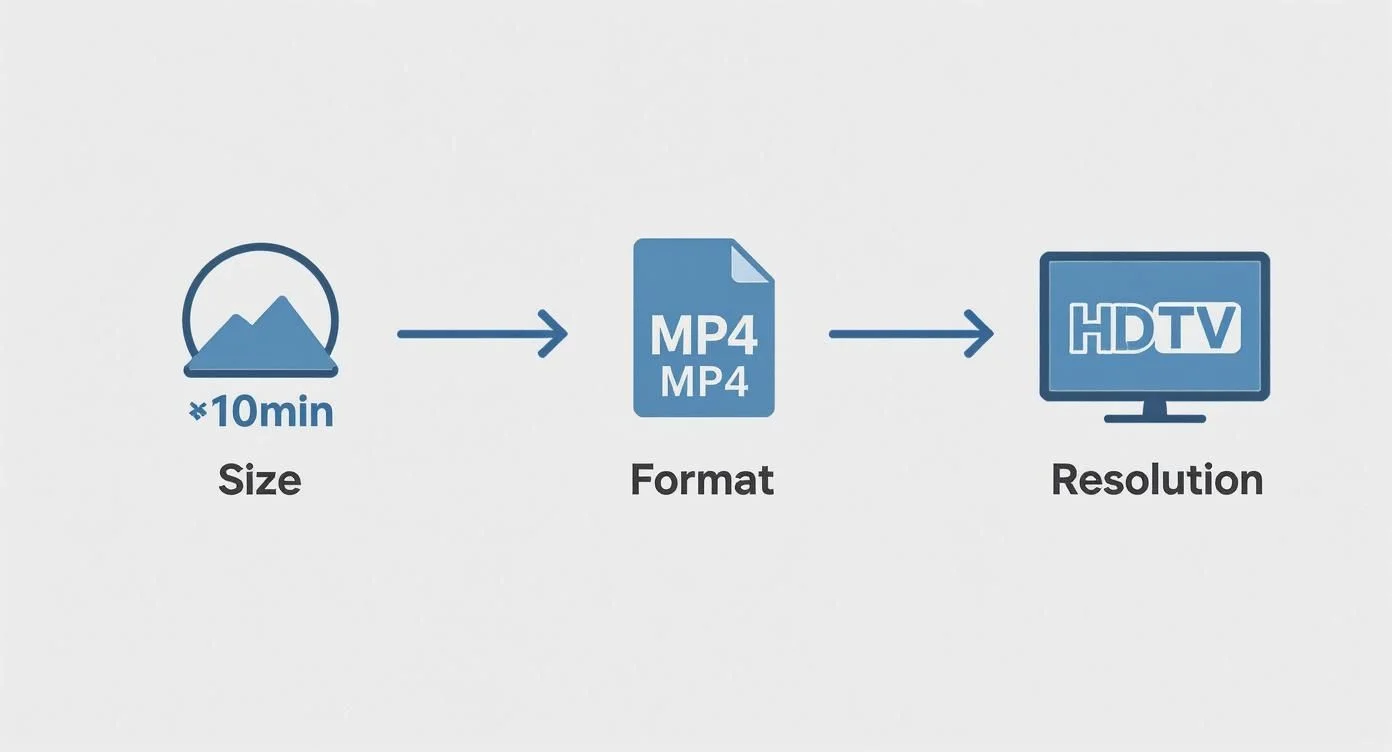 Een visuele workflow die videoverwerkingsstappen toont: van *10min formaat naar MP4-formaat naar HDTV-resolutie.