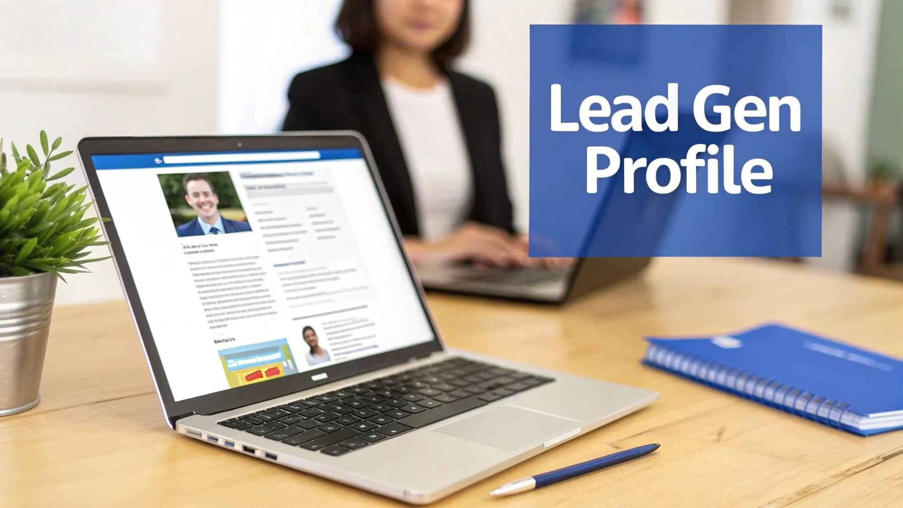 Laptop met een professioneel profiel (LinkedIn-achtig) voor leadgeneratie, met een persoon die op de achtergrond werkt en een notitieboek.