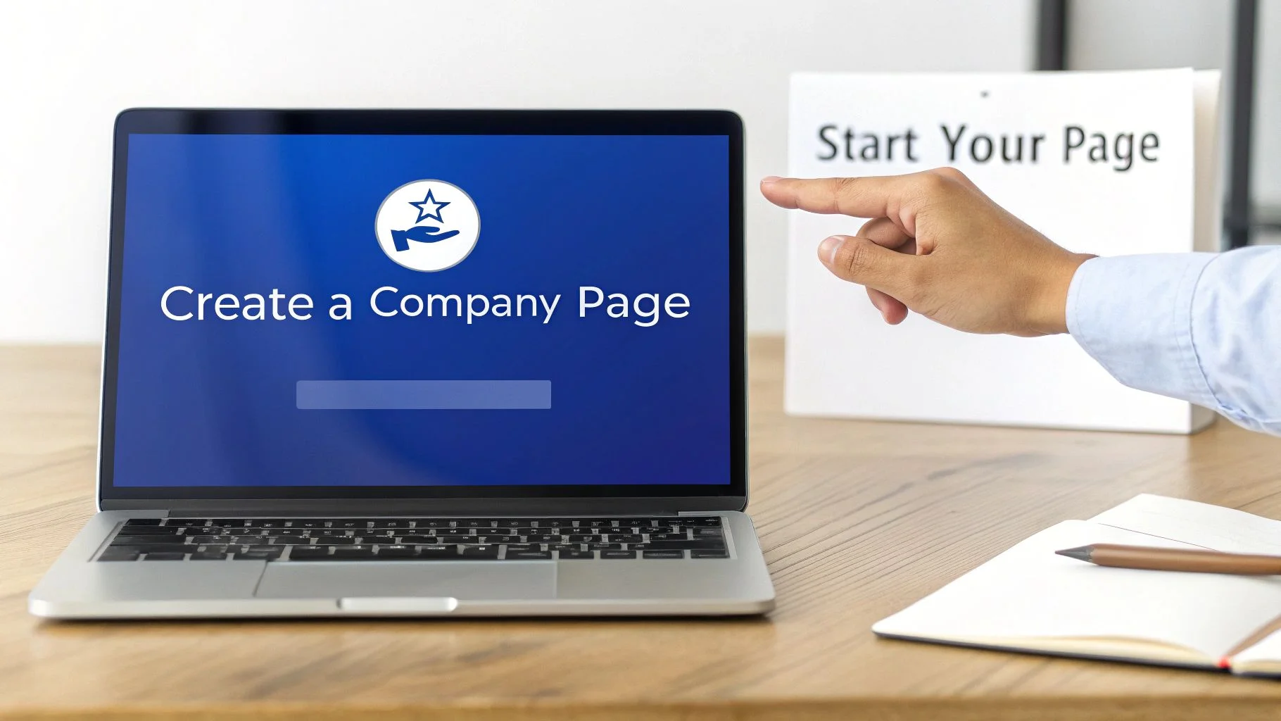 Een hand wijst naar een "Start Your Page" map naast een laptop met "Create a Company Page".