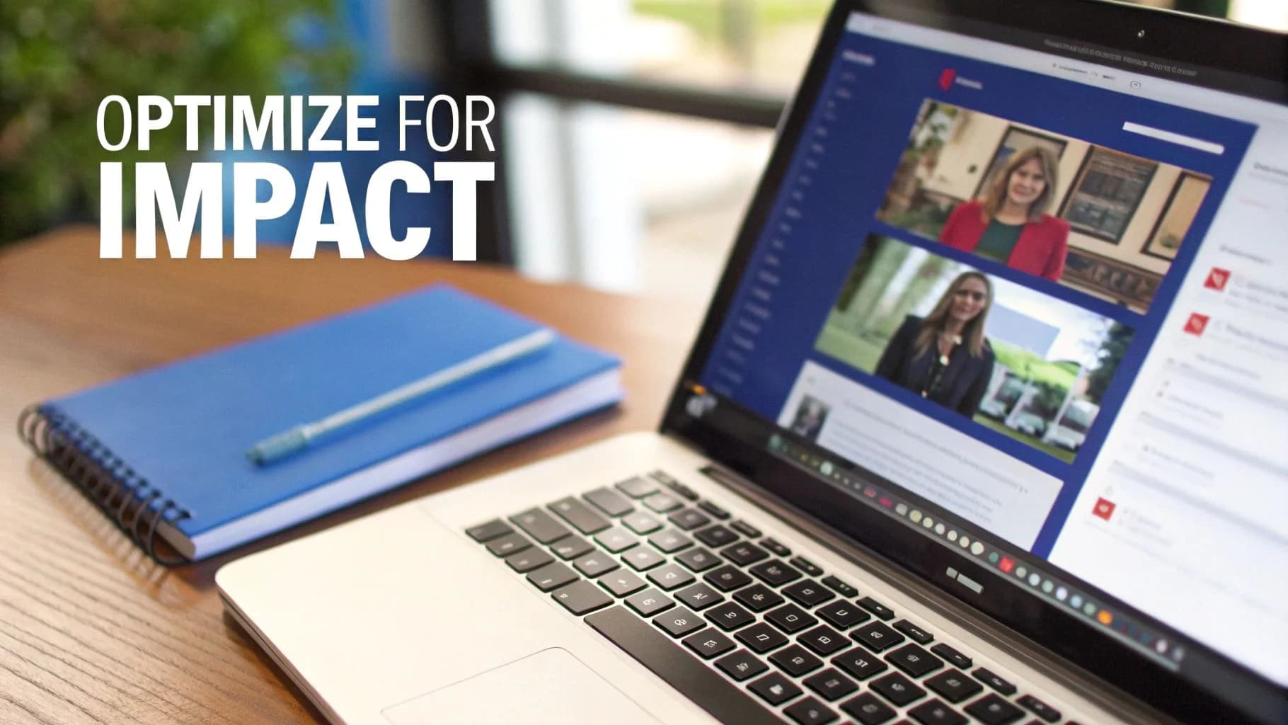 Een laptop die een videogesprek toont, een blauw notitieboek en een pen op een bureau, met 'OPTIMIZE FOR IMPACT' tekst.