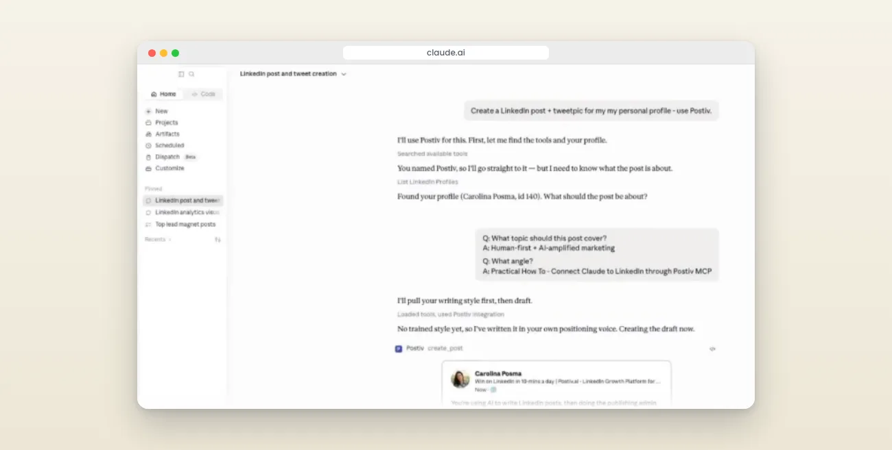 Claude maakt via de Postiv MCP een concept voor een LinkedIn post, met een voorbeeld van de post.