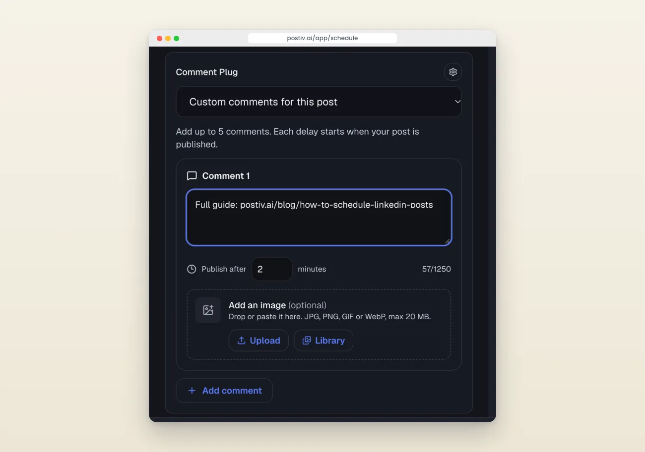 Comment Plug in Postiv met een eerste reactie met een link, die 2 minuten na de post wordt geplaatst.