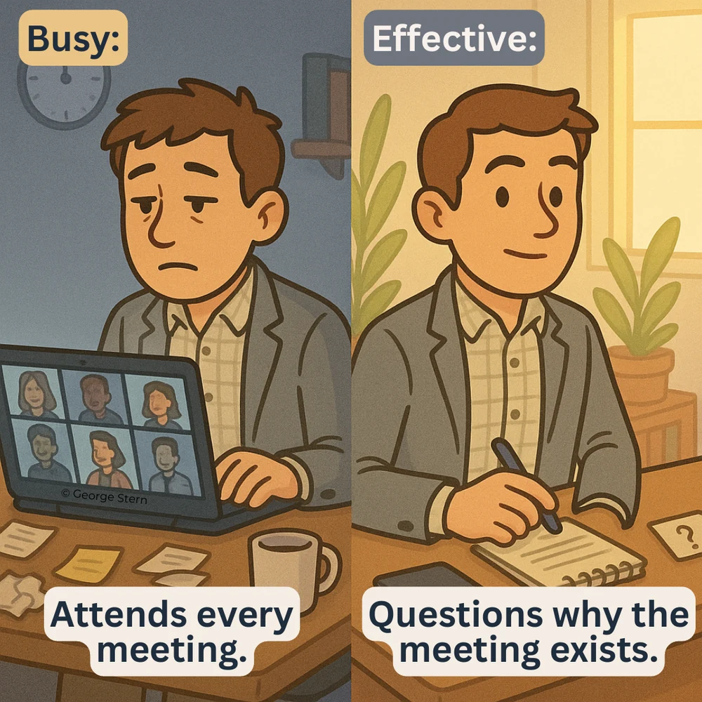George Stern, slide 3 of 10: Attending versus questioning meetings