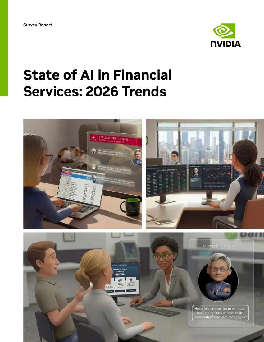 Helen Yu, slide 1 of 14: NVIDIA financial services AI report cover, shared by Helen Yu