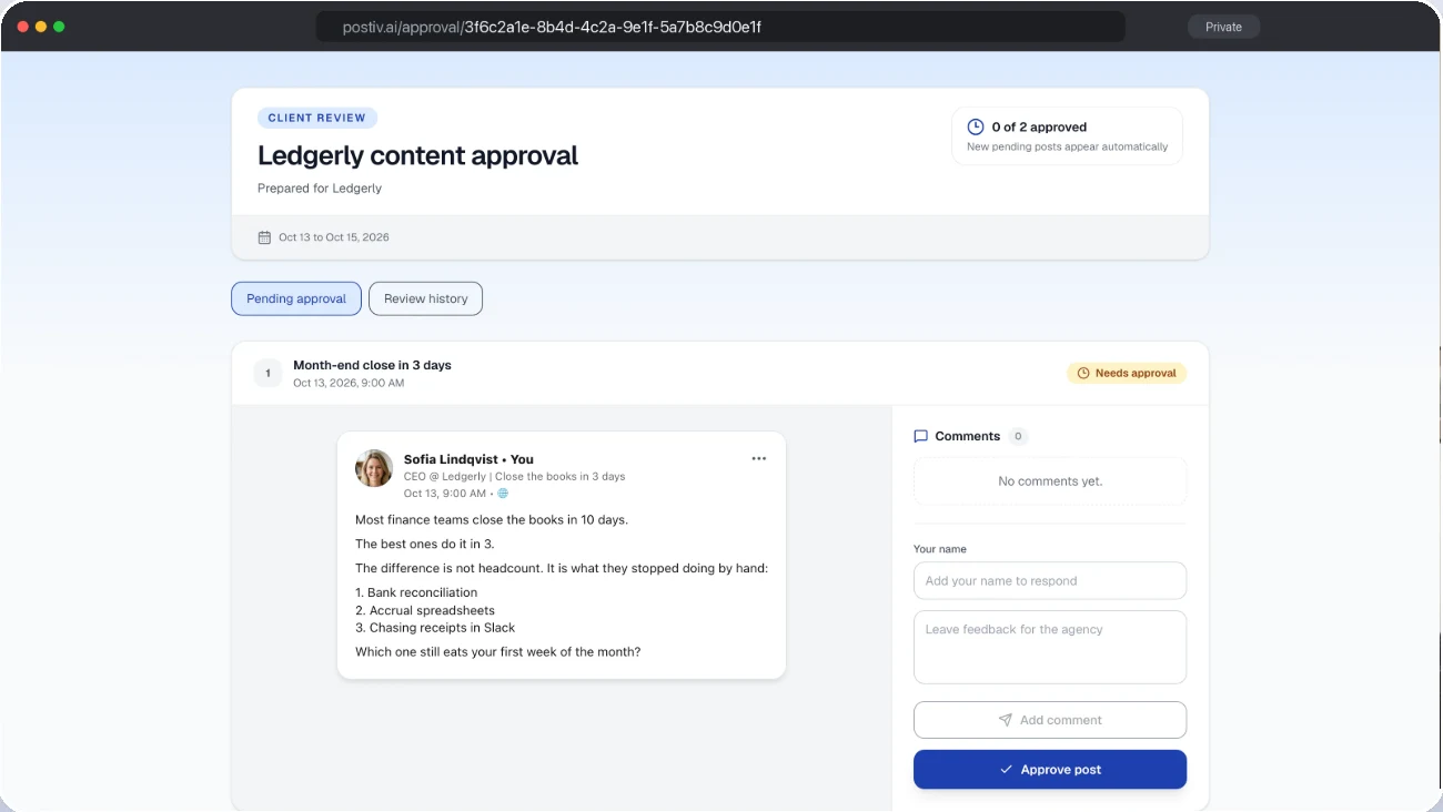 Een Postiv-goedkeuringslink: de klant ziet de post zoals die op LinkedIn verschijnt en keurt hem goed zonder in te loggen.
