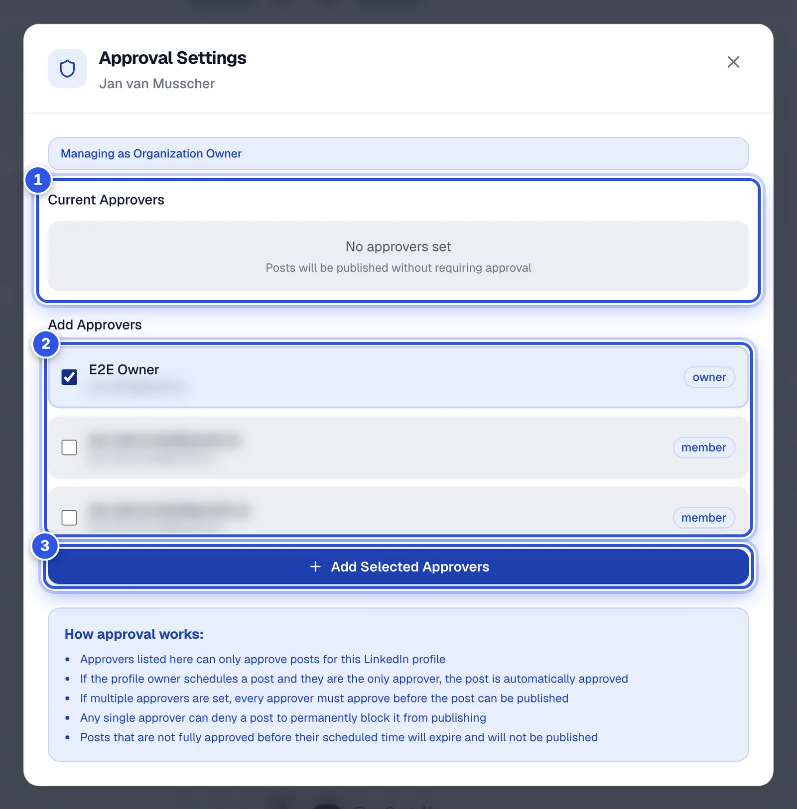 The Approval Settings window for one profile. 1 marks Current Approvers, 2 the list under Add Approvers and 3 the Add Selected Approvers button.