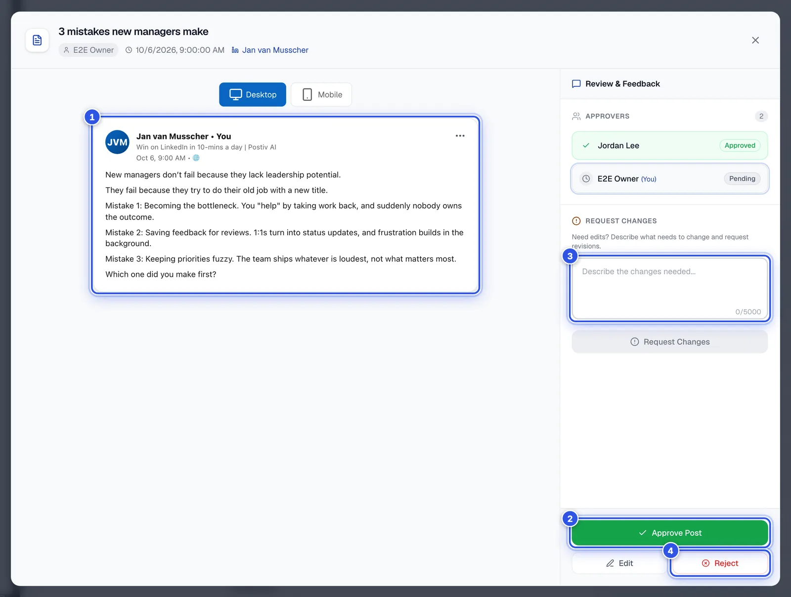 The approval review window. 1 marks the preview, 2 the Approve Post button, 3 the Request Changes box and 4 the Reject button.
