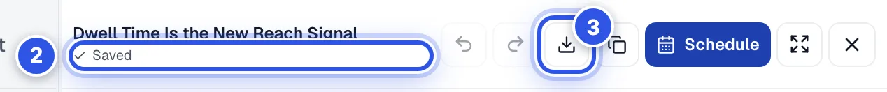 The carousel editor header. 2 marks the save status under the title and 3 marks the PDF download button, with Schedule beside it.