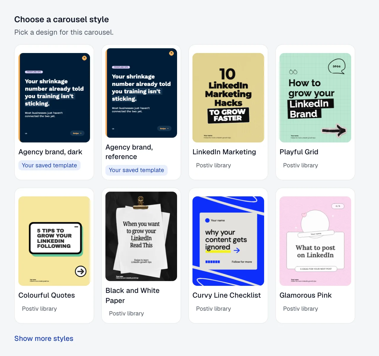 The Choose a carousel style card in the chat, showing design previews with labels such as Postiv library.