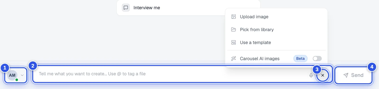 The message box in a chat. 1 marks the profile picker, 2 the message field, 3 the Attach button and 4 the Send button.