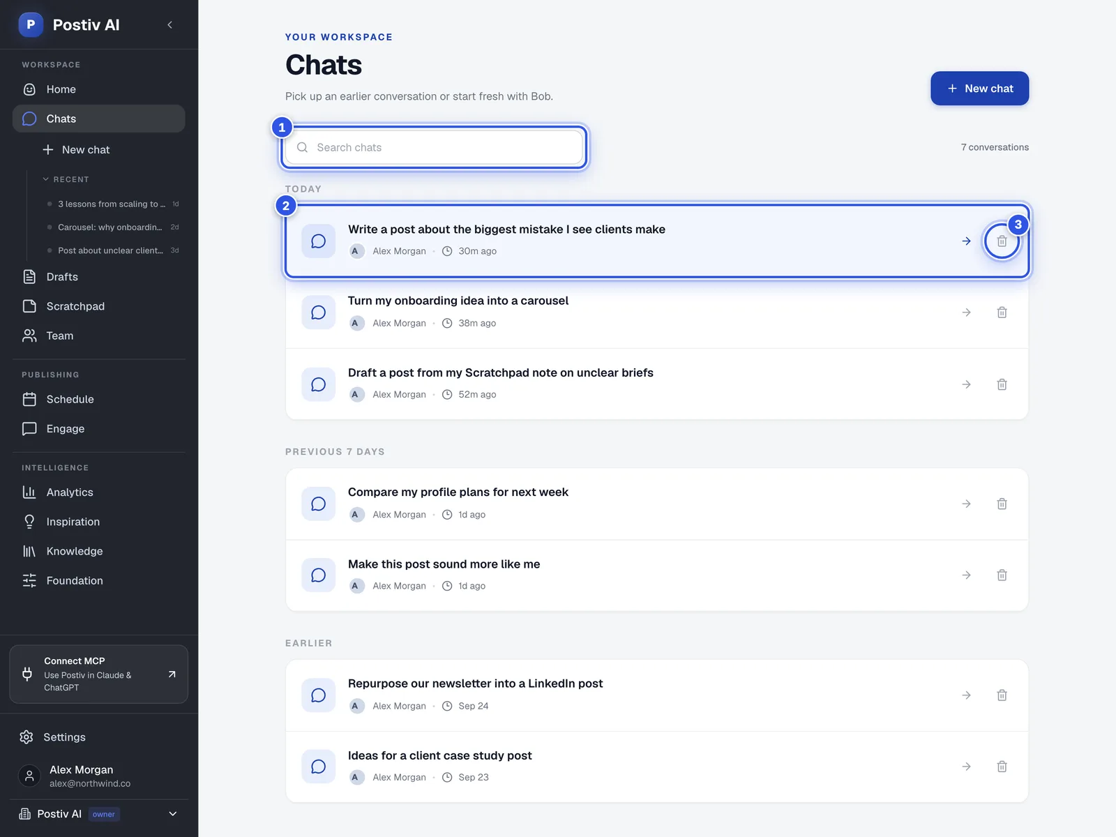 The Chats page. 1 marks the search box, 2 a conversation and 3 the delete icon.