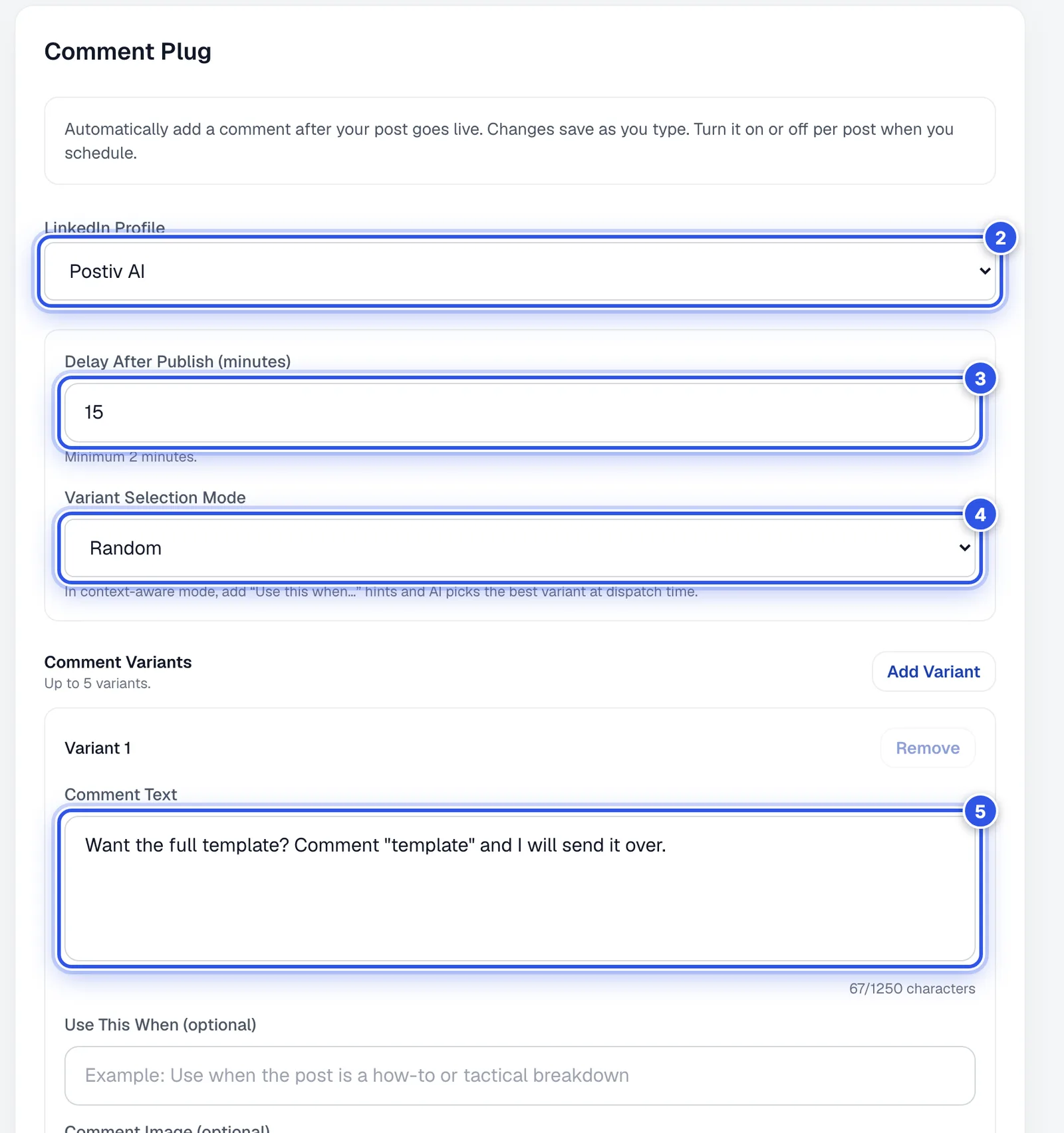 The Comment Plug tab. 2 marks the LinkedIn Profile picker, 3 marks Delay After Publish, 4 marks Variant Selection Mode and 5 marks the Comment Text box.