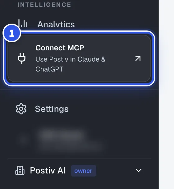 The Connect MCP button at the bottom of the sidebar. 1 marks Connect MCP.