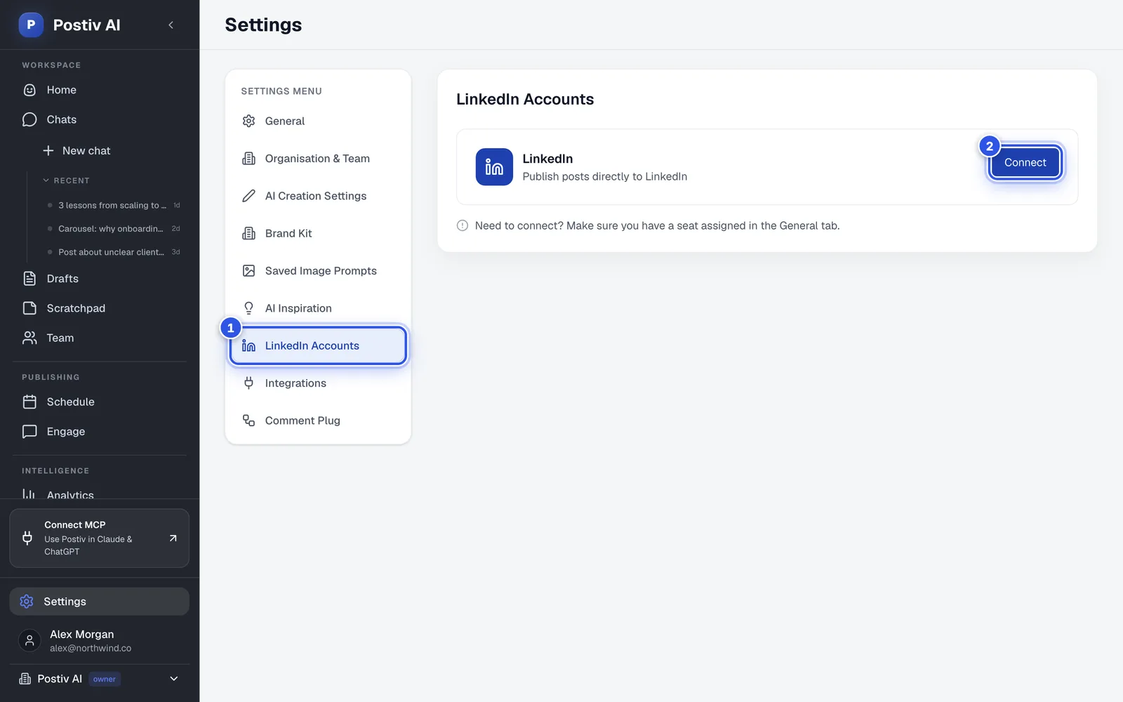 The LinkedIn Accounts tab in Settings. 1 marks the LinkedIn Accounts tab and 2 marks the Connect button.