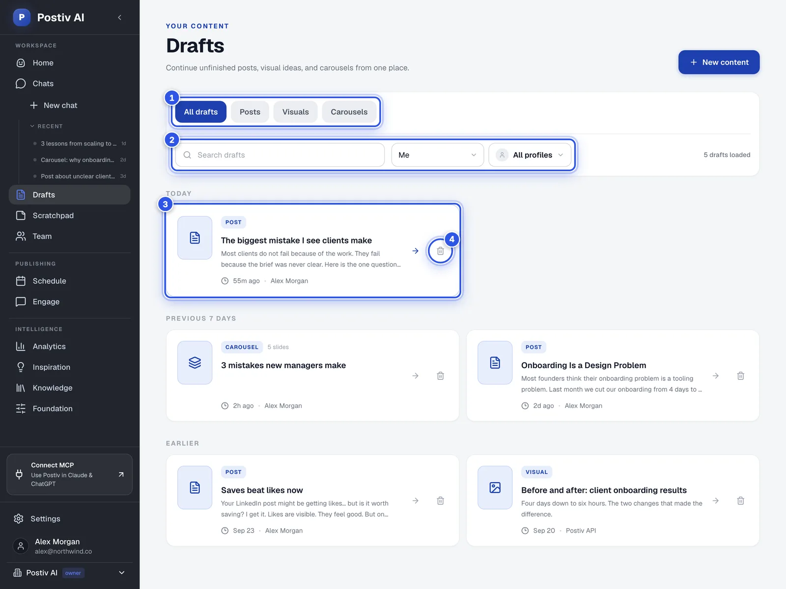 The Drafts page. 1 marks the type filters, 2 the search and filter row, 3 a draft card and 4 the delete icon.