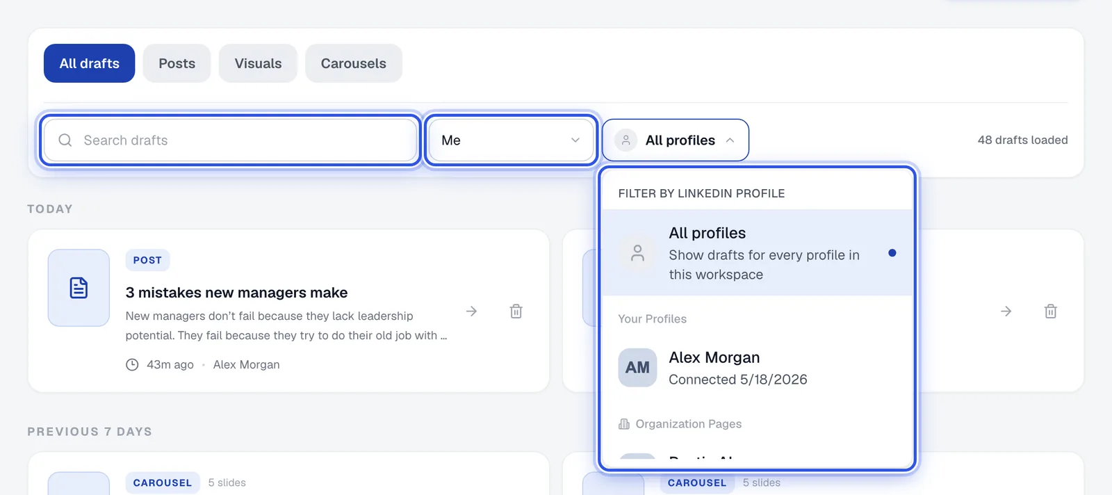 The filter row on Drafts with the profile filter open, showing All profiles and each connected LinkedIn profile.