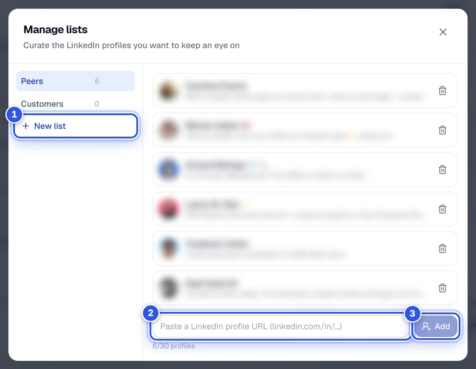 The Manage lists window with a list on the left and its profiles on the right. 1 marks New list, 2 the profile address box and 3 the Add button.