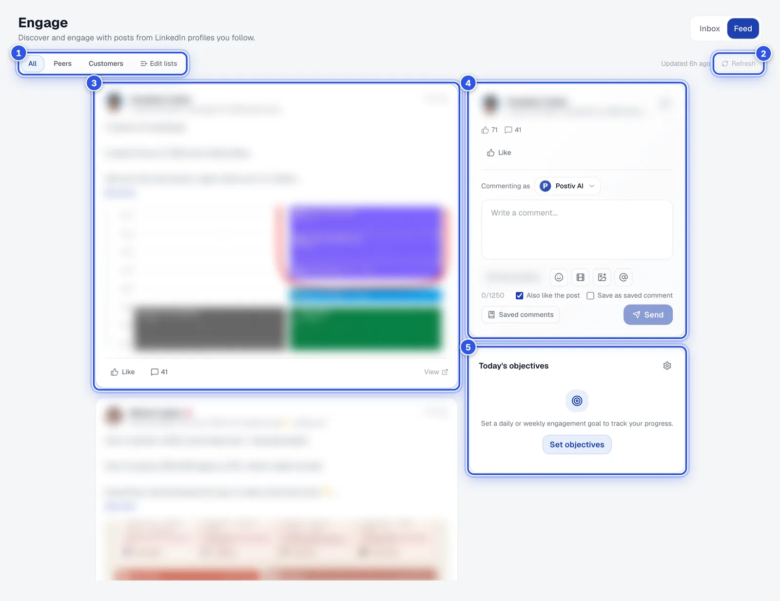 The Engage Feed. 1 marks the list tabs, 2 the Refresh button, 3 the post list, 4 the comment panel and 5 the objectives widget.